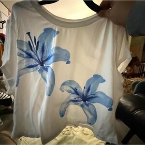 White T-Shirt with Blue Floral Design
